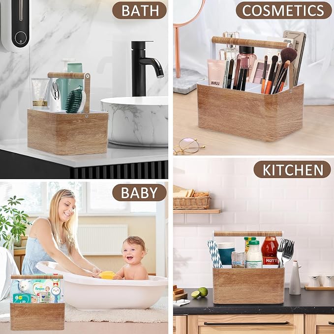 BYUNER Shower Caddy Portable for College: Devided Bathroom Caddy Shower Basket for Dorm with Handle, Plastic Bathroom Counter Organizer Storage Tote Bin for Dorm,Kitchen,Cabinet, Wood Grain - Image 6