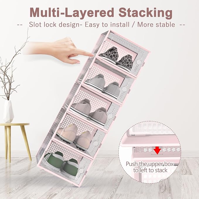Kuject Shoe Organizers Storage Boxes for Closet, 12 Pack Clear Plastic Stackable Storage Bins with Lids, Under Bed Shoe Containers for Entryway, Drop Front, Fit up to Women's Size 10,Pink - Image 2