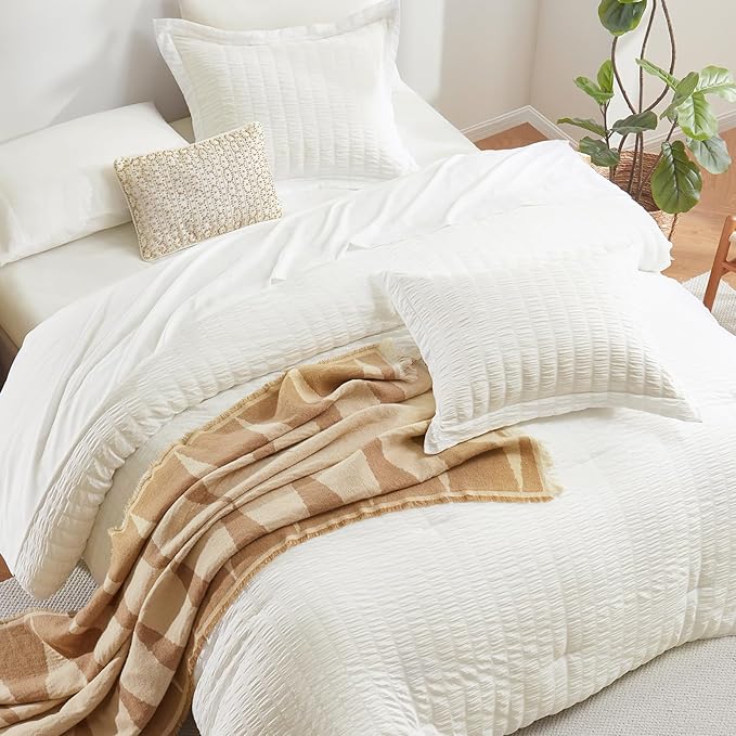CozyLux King Size Comforter Set Ivory Seersucker 7 Pieces Bed in a Bag King Comforter Set with Sheets, Luxury Soft Bedding Sets with Down Alternative Comforter, Sheets, Pillowcases & Shams All Seasons