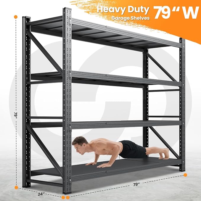 79”W Garage Shelving Heavy Duty, 7000LBS Metal Storage Shelves, 24” Deep Storage rack shelf, Steel Tall Industrial Shelving , 4 Tier Adjustable Standing Shelf for Warehouse / Shop 79"W x 24"D x 79"H - Image 2