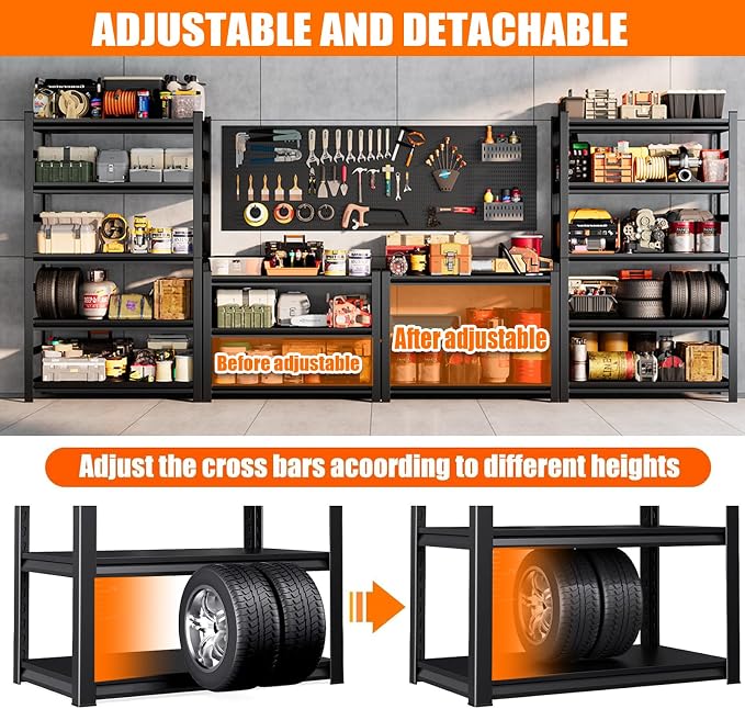 PRESTELION Garage Shelving 40" W Storage Shelves 3000LBS Heavy Duty Metal Shelving Unit 5 Tier Adjustable Shelf for Kitchen Warehouse Pantry Basement, Black (Black, 72" H x 40" W x 16" D, 5-Tier) - Image 6