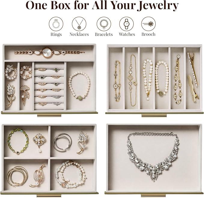 Jewelry Box Organizer Case for Women: 4-Layer Jewelry Storage Case with Glass Window, Olive Green Leather with Cream Velvet, Holder for Ring Necklace Bracelet Brooch Watch, Great Gift for Her - Image 2