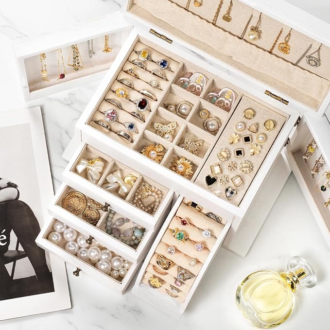 Poyilooo Jewelry Box Organizer, Solid Wood Jewelry Boxes for Women for Storage & Display Necklace Ring Earring Bracelet, Rustic Style Jewelry Organizer Box for Women Gifts (Weathered White) - Image 3