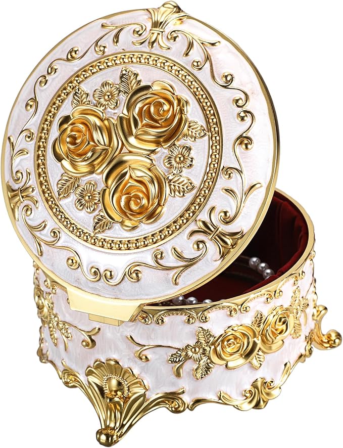 Hipiwe Round Jewery Box Metal Trinket Organizer Decorative Keepsake Box for Trrasure Ring Earring Holder Vintage Jewelry Display Case, Beige, 5.7" L x 5.1" W x 3.5" H - Image 9