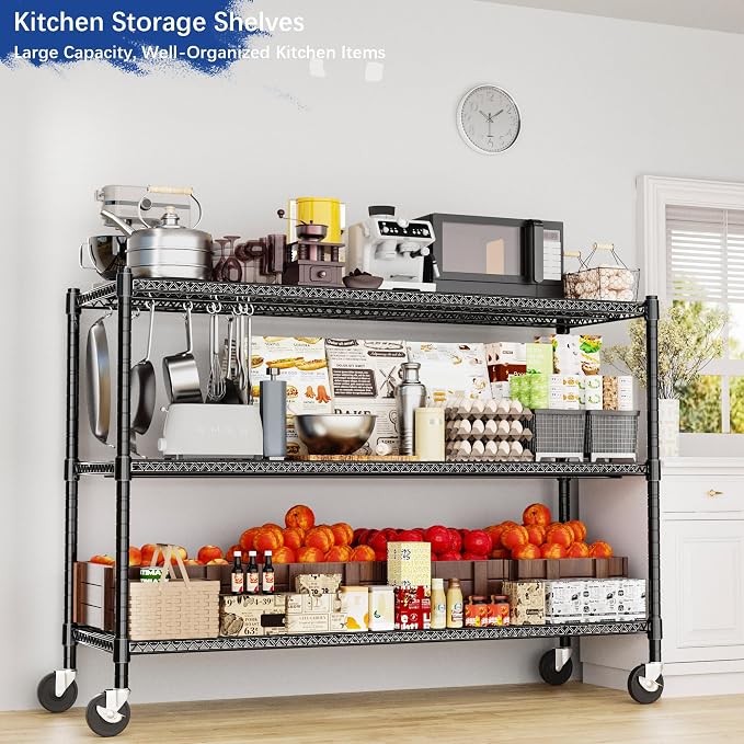 Heavy Duty Shelving, 51.6" H Garage Shelving Unit with Wheels, 3-Tier Garage Storage Shelves Metal Shelves Rack, Adjustable Industrial Shelving for Warehouse Storage, 60" W x 24" D x 51.6" H, Black - Image 7