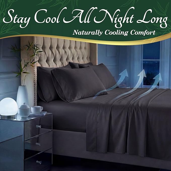 DECOLURE 100% Viscose Derived from Bamboo Sheets Queen Size - Luxury 6 Pc Naturally Cooling Sheets, Ultra Soft Bed Set - Deep 17" Pockets, Durable Double Stitching, Oeko Tex Standard (Charcoal)