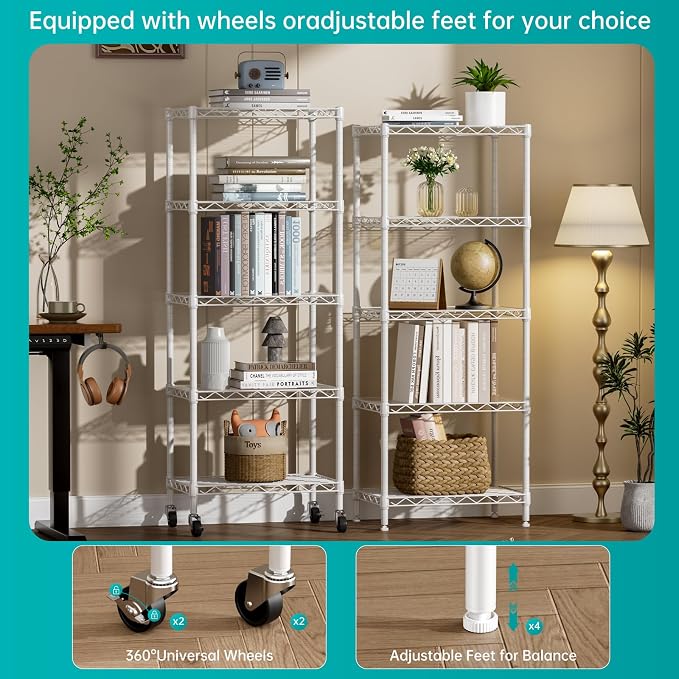 SINGAYE 6 Small Shelf Storage Wire Shelves Closet Bathroom Organizers Metal Pantry Kitchen Garage Shelving Unit Laundry Room Organization Home Narrow Rack Net Basket with Wheels White - Image 4