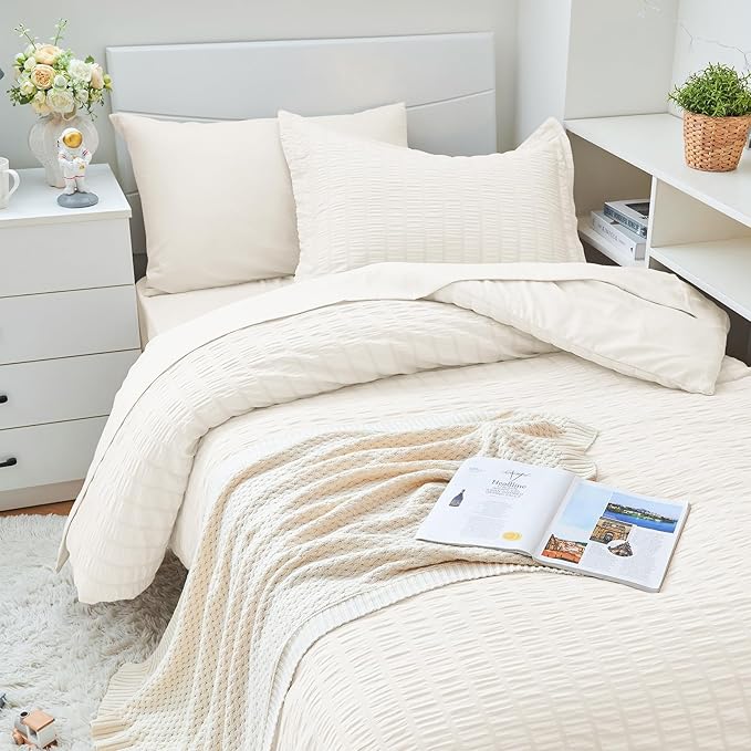 HYMOKEGE Ivory Twin XL Comforter Set Seersucker 5 Pieces, All Season Luxury Bed in a Bag for Bedroom, Bedding Set with Comforter, Sheets, Pillowcase & Sham
