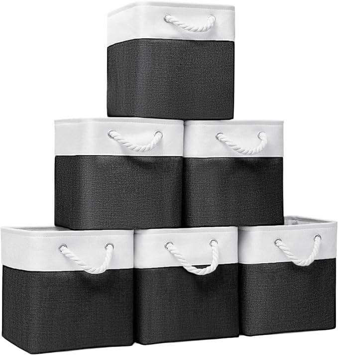 11x11 Inch Cube Storage Bins, 6 Pack Fabric Storage Cubes for Shelves, Cube Organizer Bins with Handles, Cloth Cubby Storage Bins for Home(White/black) by BOFUGA