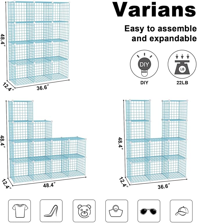 C&AHOME Wire Cube Storage, 12 - Cube Organizer Metal C Grids, Modular Shelves Units, Closet Organizer, Ideal for Home, Office, Living Room, 36.6”L x 12.4”W 48.4”H, Blue UWCS3012B - Image 3