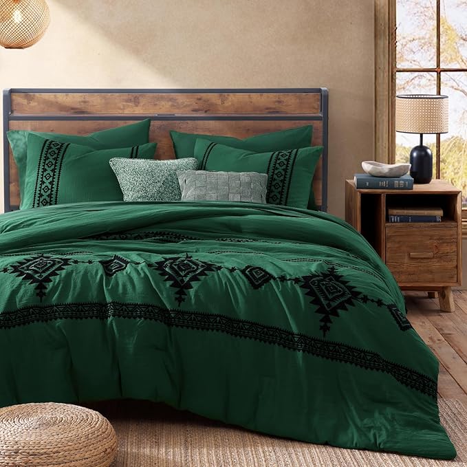 MaiRêve Embroidery Comforter Set, Boho Farmhouse Western Bedding Set, All Season Bed in A Bag Comforter Set with Sheets, Pillowcases & Shams, Emerald Green King 7 Pieces