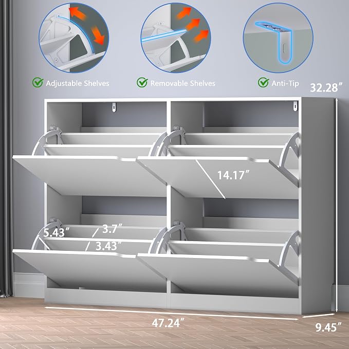 BORNOON Shoe Cabinet with 4 Flip Drawers, Narrow Hidden Shoe Storage Cabinet, Slim Freestanding Shoe Rack Organizer for Entryway, Hallway, Bedroom, Living Room - Image 2