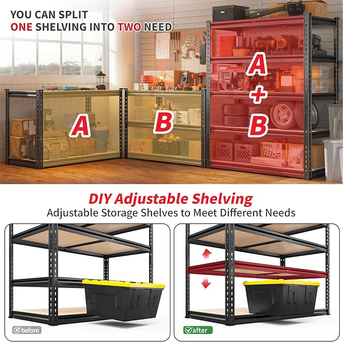 REIBII 2400LBS Storage Shelves 5 Tier Garage Shelving Heavy Duty, Adjustable Metal Shelving Unit, Garage Shelves for Basement, Warehouse, Pantry, Closet, Kitchen 72" H x 35.55" W x 16" D, 2 Pack | Heavy Duty, Adjustable, 2020LBS Capacity, Garage, Pantr... - Image 6