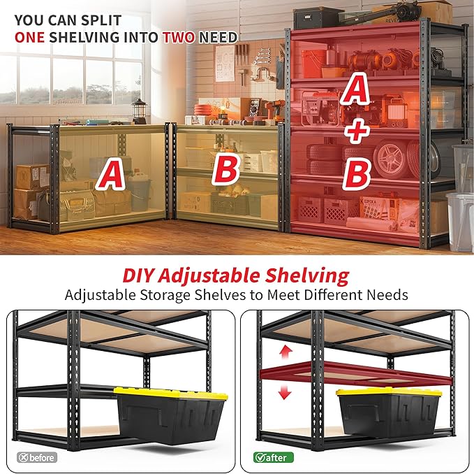 REIBII 2400LBS Storage Shelves 5 Tier Garage Shelving Heavy Duty, Adjustable Metal Shelving, Garage Shelves for Basement, Warehouse, Pantry, Closet, Kitchen 72" H x 35.55" W x 16" D, Black, 3 Pack - Image 7