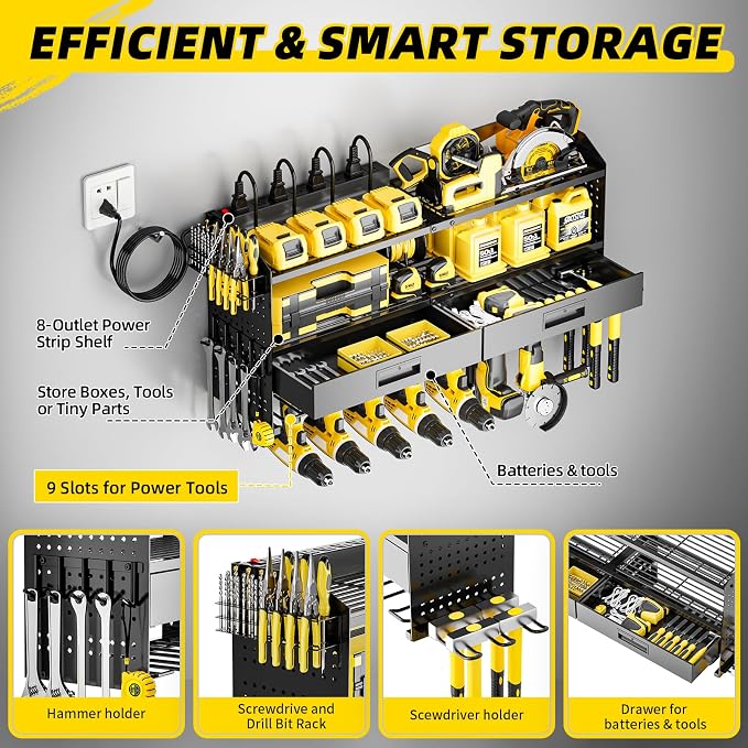 Power Tool Organizer Wall Mount Heavy Duty 400 lbs, 4 Layers Storage Rack with 9 Drill Holders & Battery Storage, Cordless Tool Organizer for Garage, Workshop & Tool Room - Image 4