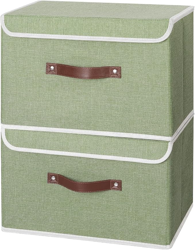 ANMINY 4PCS Storage Bins with Lid PU Leather Handles Storage Boxes PP Plastic Board Decorative Foldable Lidded Cotton Linen Fabric Home Cubes Baskets Closet Organizer Containers - Green, Large Size - Image 8