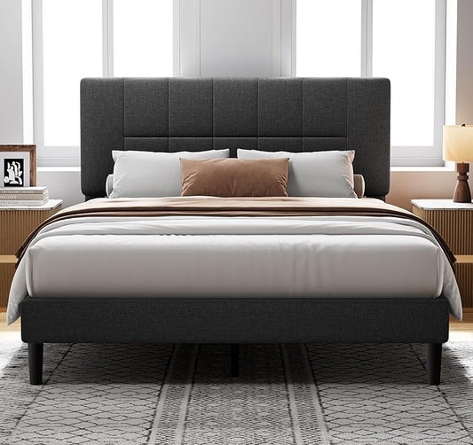 Pipishell Twin Bed Frames with 12 Thickened Legs&Fabric Upholstered Headboard,1300 Lbs Strong Weight Capacity, Adjustable Headboard, No Box Spring Needed, Easy Assembly, Underbed Storage（Solid Wooden）