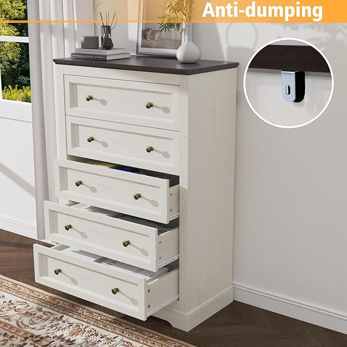 KIGOTY Farmhouse Bedroom Set, 3 Pcs Dresser and Nightstand Sets, 5 Drawer Dresser & 2 Drawer Nightstand Set with Charging Station,Rustic Wood Bedroom Furniture Set for Home,White