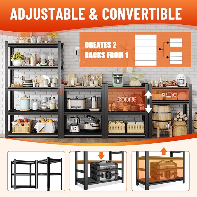 78" H Garage Shelving, 5 Tier Heavy Duty Metal Garage Storage Shelves, 3000 lbs Adjustable Standing Shelf and Double-Layer Posts for Garage,Warehouse,Basement, Kitchen,Thickened 78×40×18in - Image 6