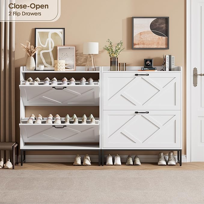 Nicetree Shoe Storage Cabinet with 2 Flip Drawers, Freestanding Shoe Organizer, Shoe Cabinet with Metal Legs, Narrow Shoe Rack Cabinet, Farmhouse Slim Shoe Cabinet for Entryway, Foyer, Hallway, White - Image 4