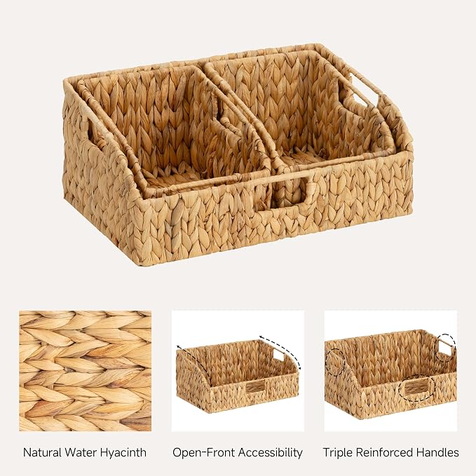 StorageWorks Water Hyacinth Pantry Storage Baskets, Wicker Baskets with Built-in Handles, Handwoven Shelf Baskets for Organizing, Pantry Organizers and Storage, 3 Pack - Image 3