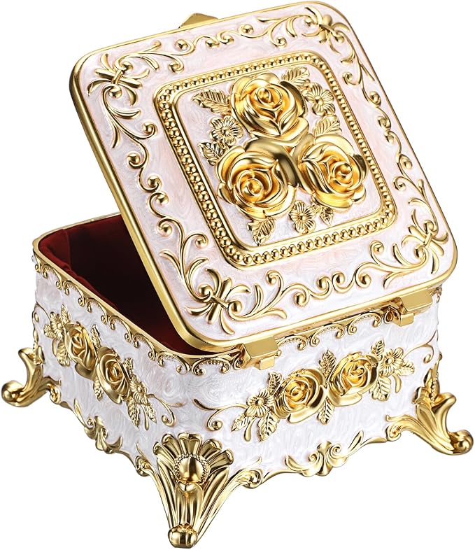 Hipiwe Vintage Jewelry Box Rectangular Trinket Chest Metal Treasure Holder for Ring Earrings Organizer Keepsake Box Gift for Woman, Beige, 5.1" L x 5.1" W x 3.1" H - Image 9