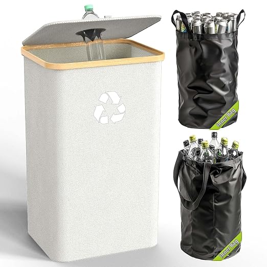 Recycling Bin for Kitchen Indoor Home,Beige Color Large 100L/ 26 Gallon Recycle Bin with Lid Removeable Reusable Inner Bag Bottle Can Glass Waste Plastice Stickers by Pakusane