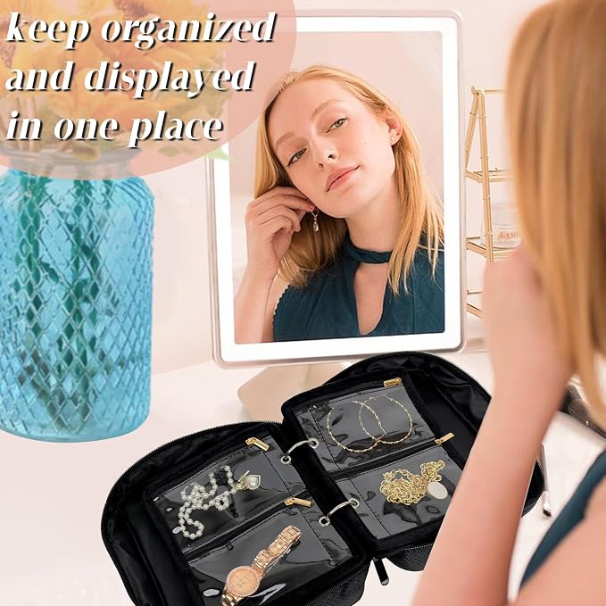 Travel Jewelry Organizer Case,Jewelry Bags for Traveling, Jewelry Binder with 24 Pcs Clear Zipper Velvet Pouches for Storing Earrings, Rings, Necklace, Bracelet, Watch (Black) - Image 2