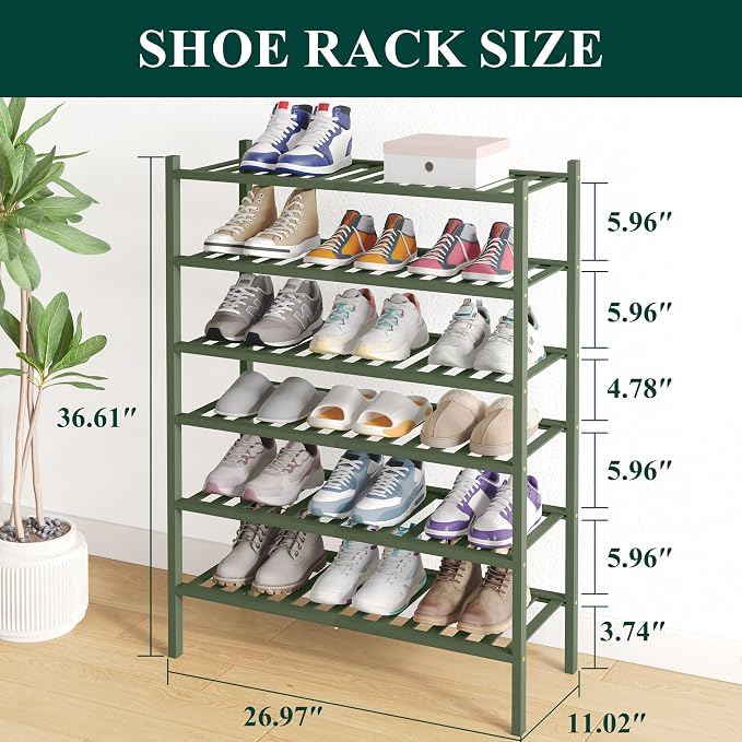 Smiry Bamboo Shoe Rack for Closet, 6 Tier Wooden Stackable Shoe Organizer, Free Standing Shoes Storage Shelf for Entryway, Front Door Entrance, Green - Image 2