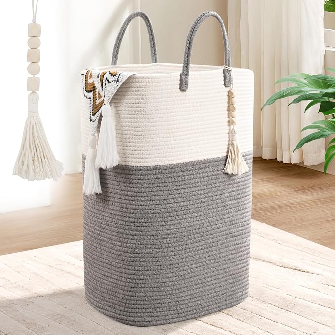 Woven Laundry Basket for Clothes, 100L Large Rectangle Laundry Hampers with Beads Tassel, Nursery Storage Basket for Toys, Tall Dirty Clothes Hamper for Bedroom Aesthetic, Laundry Room Organization by WENMER
