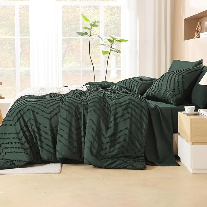 Litanika Forest Green King Size Comforter Set with Sheets - 7 Pieces Bed in a Bag King Boho Tufted Complete Bedding Sets with Comforter, Sheets, Pillowcases & Shams