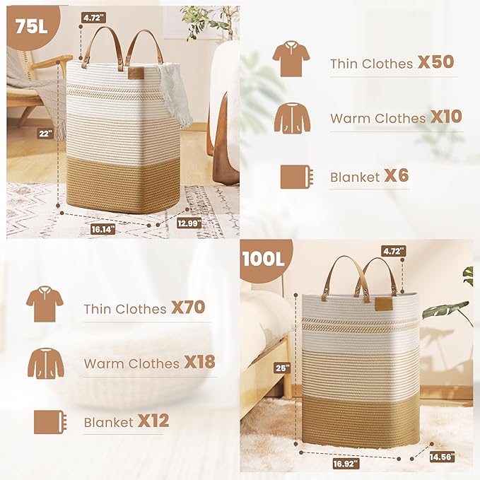 danpinera Large Laundry Hamper – 75L Tall Woven Cotton Storage Basket with Leather Handles, Slim Dirty Clothes Hamper, Decorative Storage Basket for Blanket,Toys White & Jute - Image 3