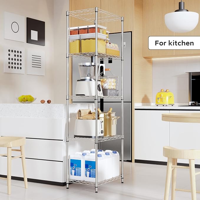 M MZG 5 Tiers Shelf Metal Storage Shelves Wire Rack Closet Organizers with Wheel for Garage Kitchen Bathroom Laundry Chrome 11.8" D x 17.7" W x 55" H - Image 7