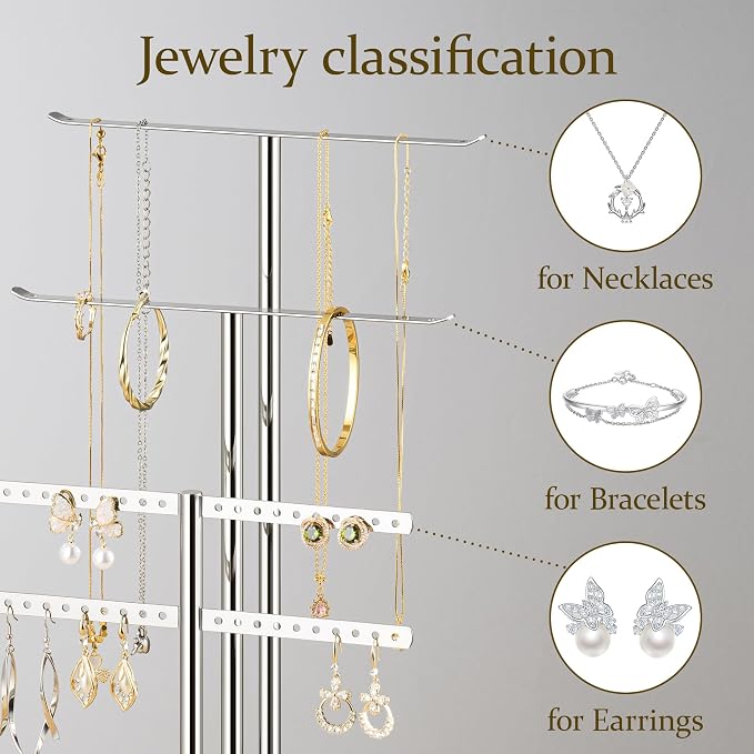 pickpiff Silver Jewelry Stand Holder Organizer: 14.5" Sturdy Hanger for 80 Pcs Jewelry, Jewlery Tower for Display Necklace, Earring, Bracelet, Watch - Image 2