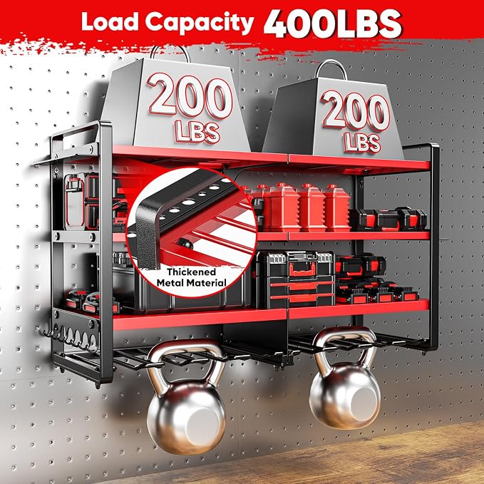 POKIPO Upgrade Large power tool organizer Wall Mount,4 Layers Heavy Duty Metal Loads 400lbs Power Tool Hanger Shelf Battery Storage with 8 Cordless Drill Bit Holder,Utility Racks for Garage Tool Room - Image 3