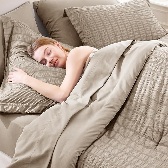 CozyLux Full Size Comforter Sets with Sheets 7 Pieces, Khaki Seersucker Bed in a Bag Textured Luxury Soft Bedding Sets with Down Alternative Comforter, Sheets, Pillowcases & Shams for All Season