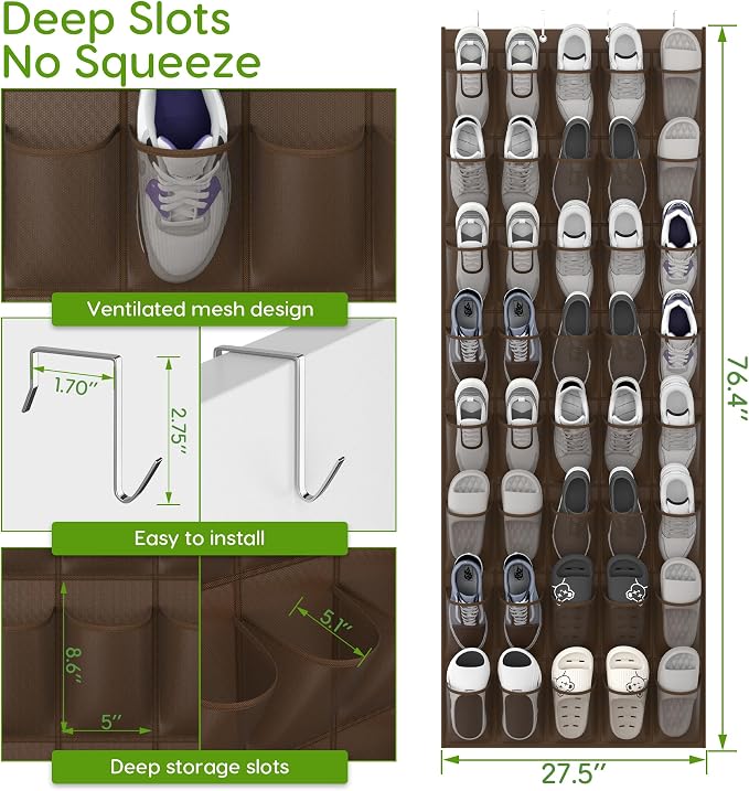 Unjumbly Over the Door Shoe Organizer with 40 Large Breathable Mesh Pockets, Space Saving Shoe Holder, Hanging Shoe Rack for Entryway Bedroom Closet Storage (Brown, 40 Pockets) - Image 2
