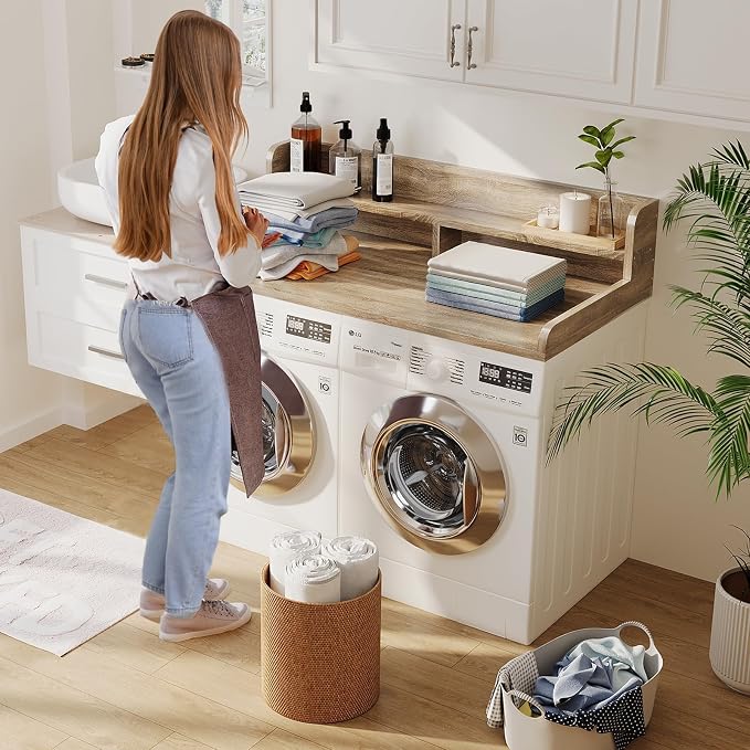 2-Tier Washer Dryer Countertop with 2.75" H Edge Rails, 54" W x 27.55" D Laundry Countertop for Folding Clothes, Washer and Dryer Topper with Non-Slip Pad (White Oak) - Image 4