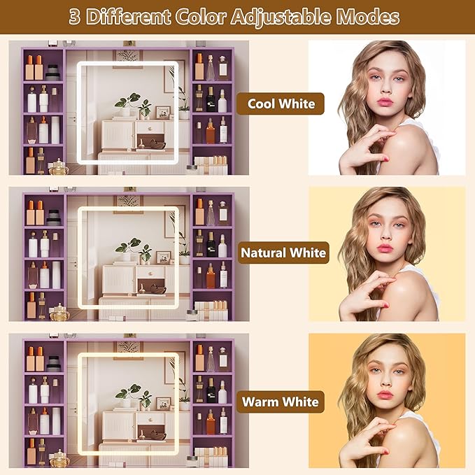 Purple Vanity Desk with Mirror and Lights, Glass Top Vanity with Lighted Mirror & RGB Cabinet and 3 Drawers, Dressing Table with 8 Shelves, Makeup Desk with Lights for Girls Bedroom, 3 Color Modes