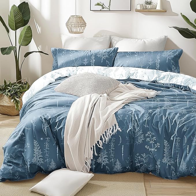 Love's cabin Bluish Grey Twin Comforter Set - Twin XL Size Comforter Set Dorm Bedding, 2 Pieces Cute Floral Bedding, Reversible Flowers Comforter, 1 Comforter & 1 Pillow Sham