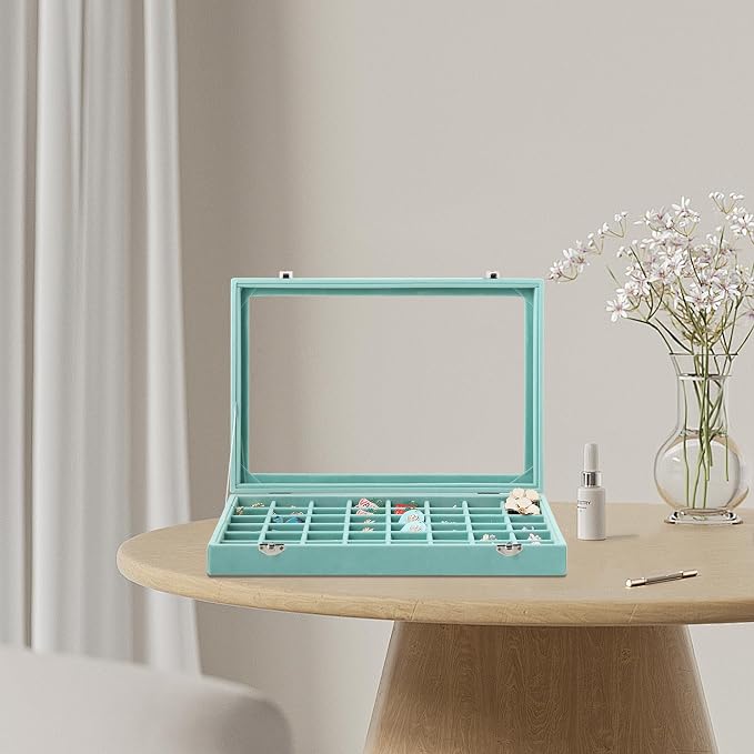 Frebeauty 48 Grid Jewelry Tray,Adjustable Earring Holder Organizer with Glass Lid,Velvet Drawer Jewelry Organizer for Rings,Studs,13.8 x 9.5 x 2 Inches Jewelry Display Box,Gift for Women(Turquoise) - Image 2