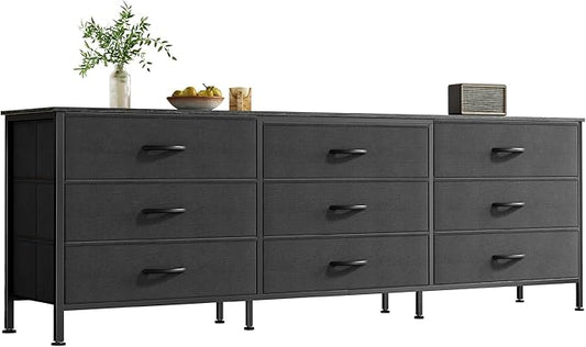 Huuger 63 Inch Dresser for Bedroom, Dresser for Closet with 9 Fabric Drawers, Large TV Stand for 55, 65, 70 Inch TV, Entertainment Center with Storage, Wide Long Chest of Drawers, Black