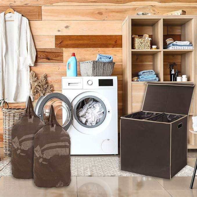Simple Houseware Double Laundry Hamper with Lid and Removable Laundry Bags, Brown - Image 4