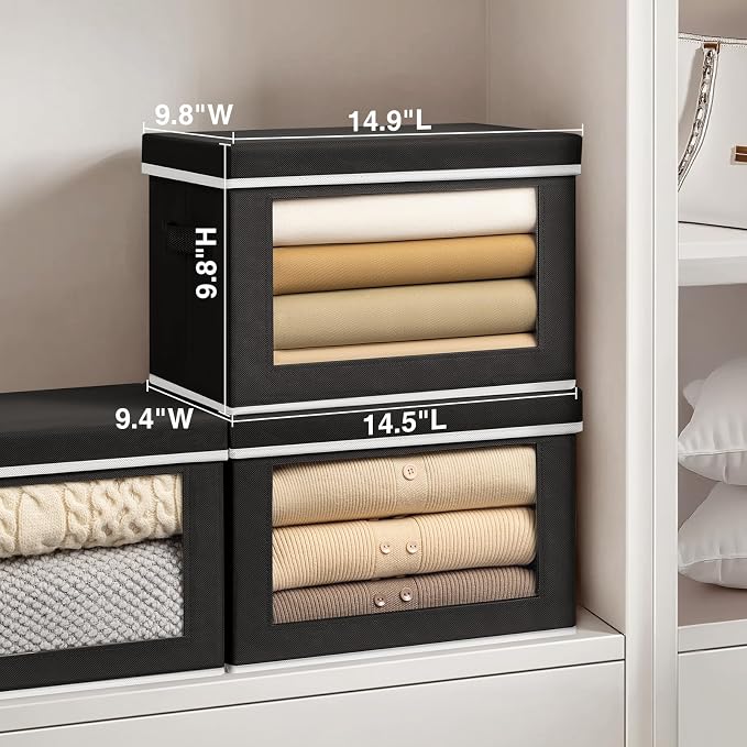 Homsorout Cube Storage Bins with Lids, Clear Window Storage Baskets for Organizing, Fabric Organizer Bins with Handle, Cloth Storage Bins for Shelves, Closet, Clothes, Towels, 4 Packs, Black - Image 2
