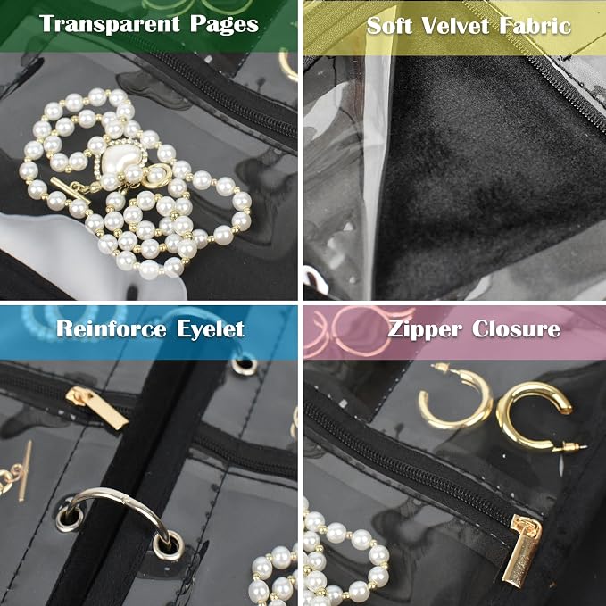 Travel Jewelry Organizer Case,Jewelry Bags Jewelry Storage Book Binder with Clear Zipper Velvet Pouch for Traveling,Earrings, Rings, Necklace, Bracelet - Image 4