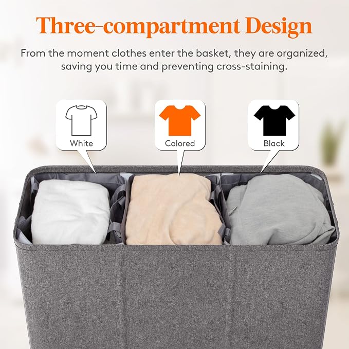 Lifewit Triple Laundry Hamper with Lid and Removable Laundry Bags, Large Collapsible 3 Dividers Dirty Clothes Basket with Handles for Bedroom, Laundry Room, Closet, Bathroom, College, 180L Light Gray - Image 4