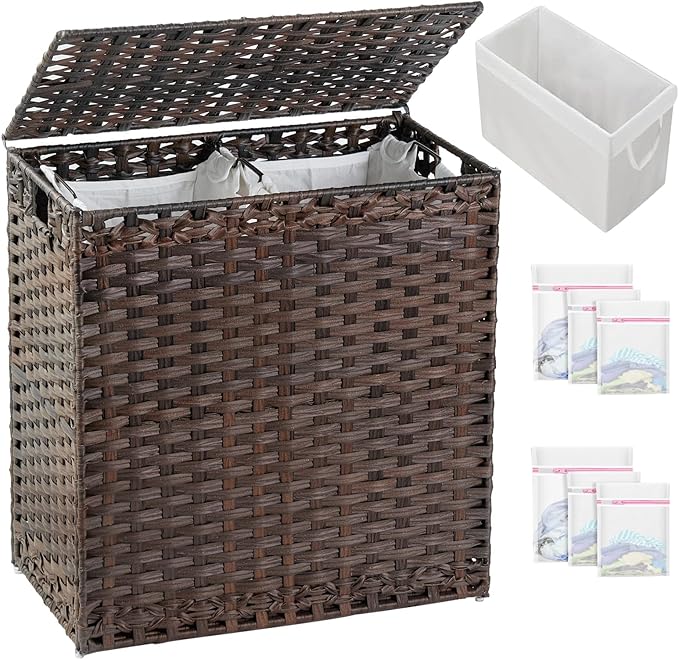 SETVSON Laundry Hamper with Lid Wicker Laundry Basket 112 L (29.6 Gal) Laundry Hampers Handwoven Rattan Laundry Hamper with Handles 3 Removable Washing Bag, 6 Mesh Bags for Bathroom Bedroom Brown by SETVSON