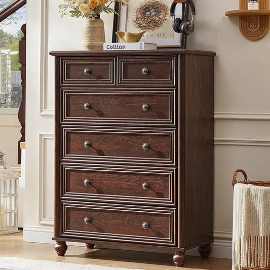 RWYHG Farmhouse 6 Drawer Dresser, Chest of Drawers for Bedroom, 43.5" Tall Walnut Kids Dresser with Roman Column and Metal Handles, Storage Dressers Organizer for Living Room, Hallway, Closet