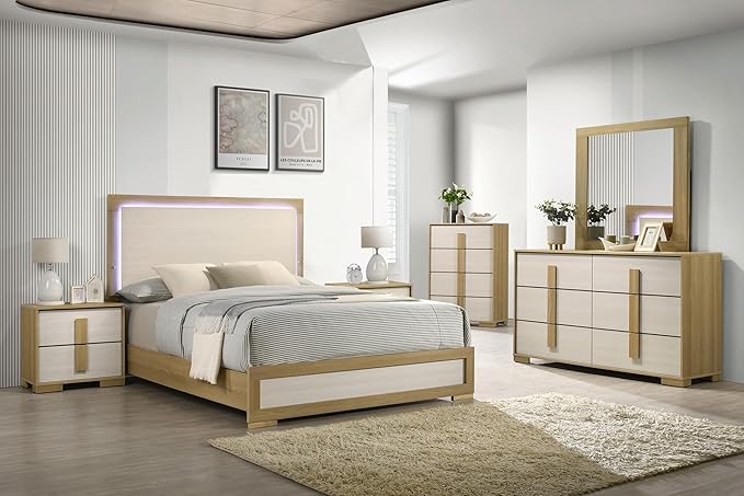 Kings Brand Furniture 6-Piece Natural/White Bedroom Set - Bed with LED Lights, Dresser, Mirror, Chest and 2 Nightstands (Queen)