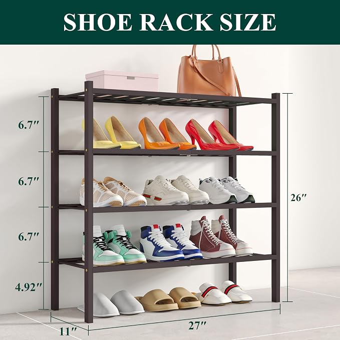 Smiry Shoe Rack, 4 Tier Bamboo Shoe Organizer, Stackable Free Standing Wooden Shoe Storage Shelf for Closet, Entryway, Front Door Entrance, Brown - Image 2